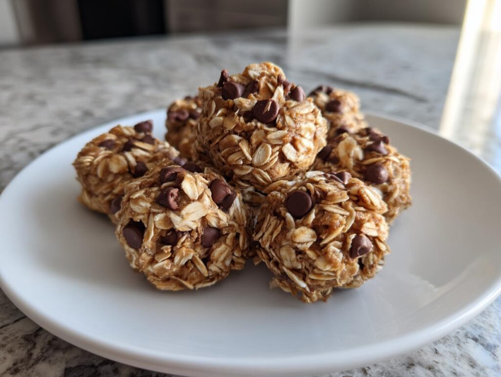 Plate of kid friendly sweet snacks made of oats and chocolate chips on a white plate.