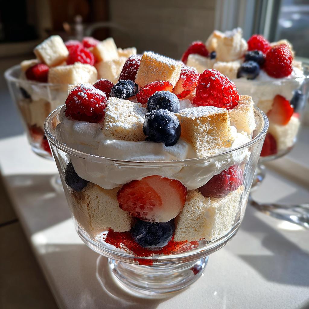 Close-up of layered angel food dessert cups with whipped cream, strawberries, blueberries, and raspberries.
