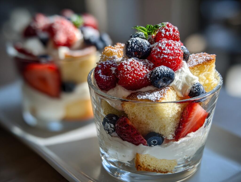 Layered angel food dessert cups with whipped cream, strawberries, blueberries, and raspberries in glass cups.