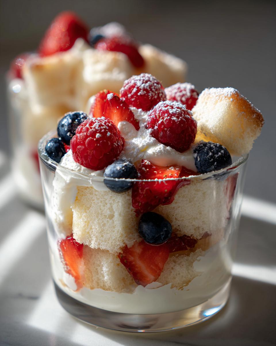 Close-up of layered angel food dessert cups with whipped cream, strawberries, raspberries, and blueberries.