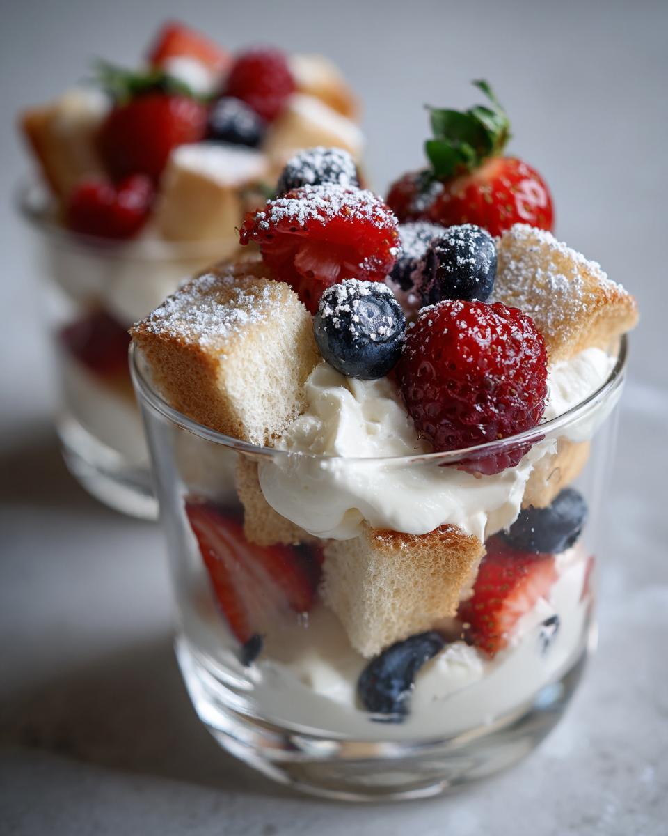 Close-up of layered angel food dessert cups with whipped cream, strawberries, blueberries, and powdered sugar.