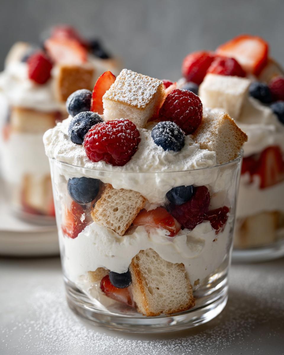 Layered angel food dessert cups filled with whipped cream, angel food cake cubes, strawberries, raspberries, and blueberries.