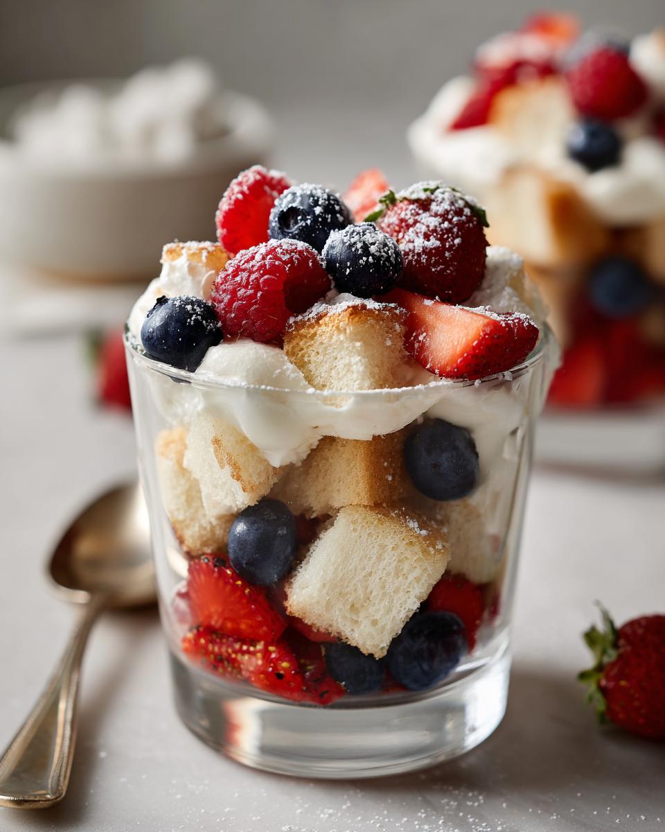 Glass cup filled with layered angel food dessert cups, fresh strawberries, blueberries, raspberries, and whipped cream.