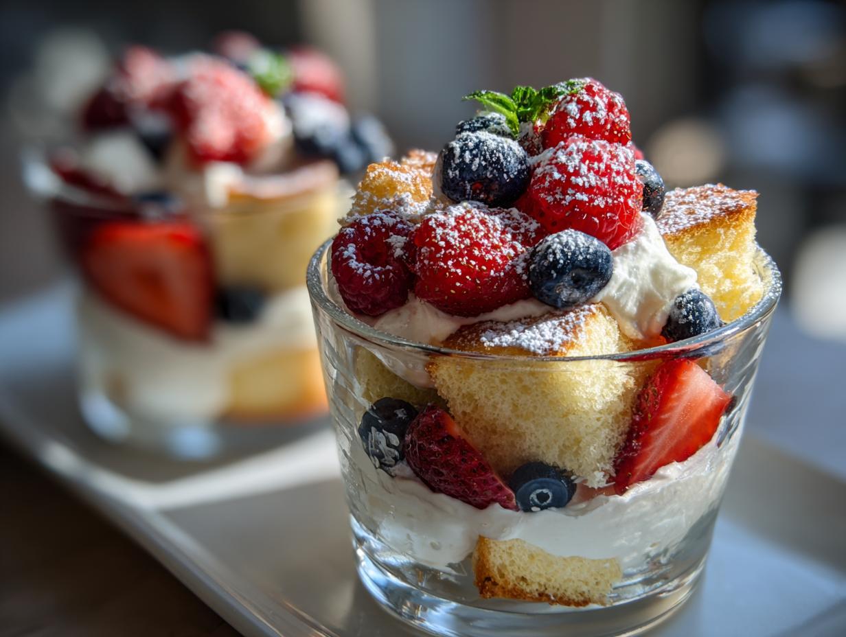Layered angel food dessert cups with whipped cream, strawberries, blueberries, and raspberries in glass cups.
