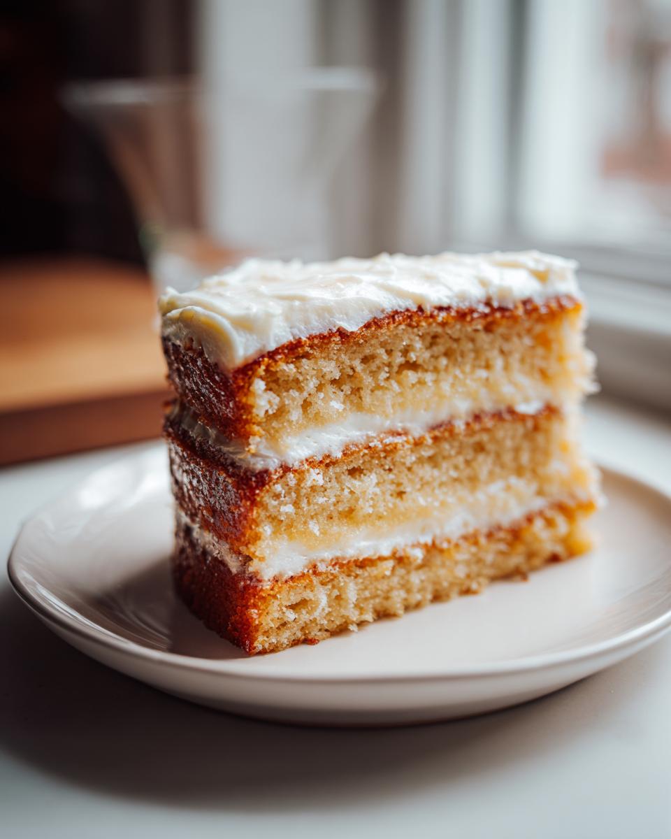 Close-up of a slice of layered cake with white frosting on a white plate for April holiday sweet recipes