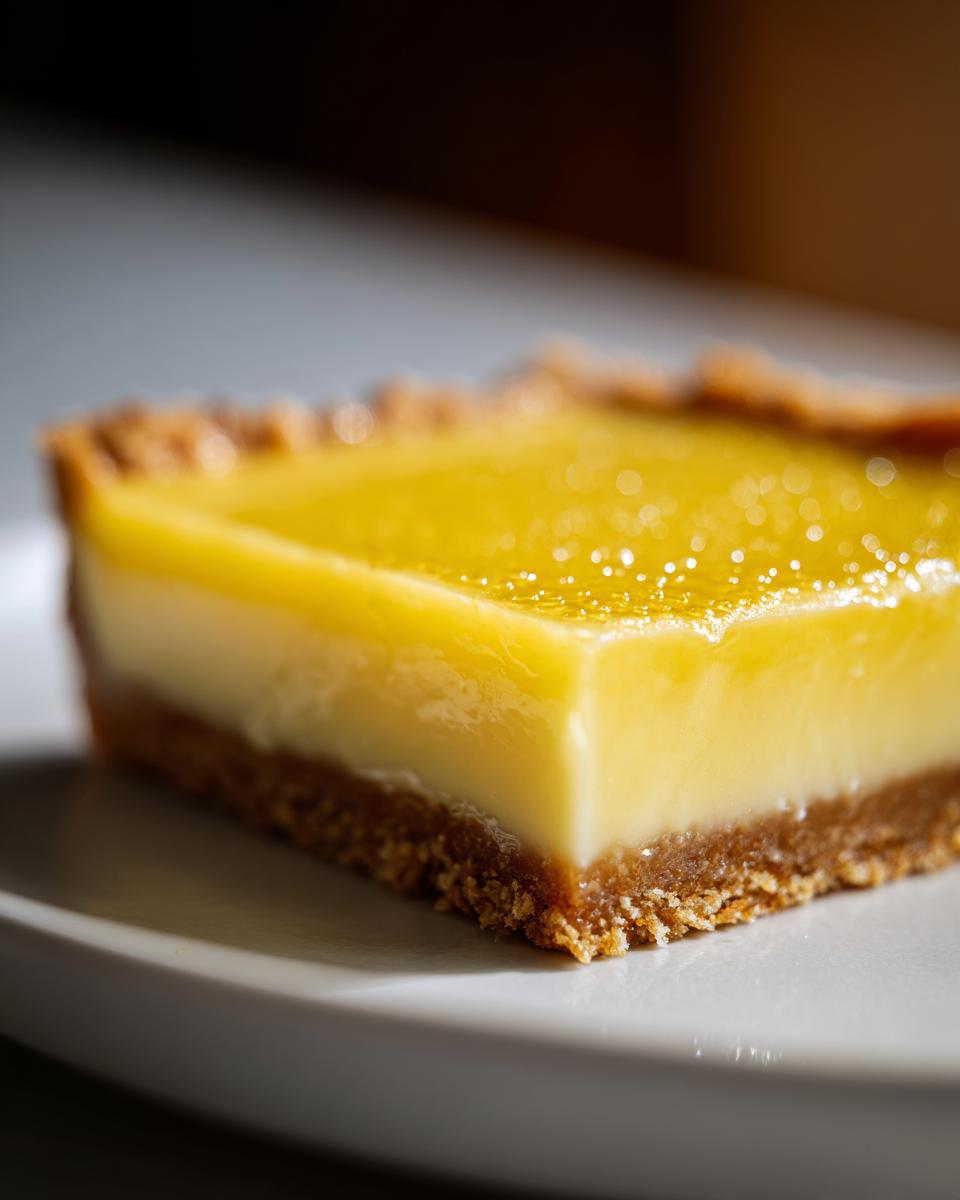 A close-up of a lemon bar dessert slice with a crumbly crust and glossy lemon topping.