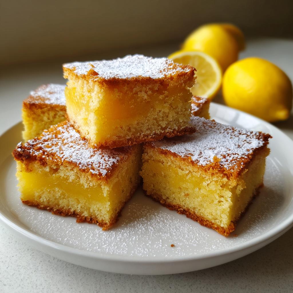 Close-up of lemon bars dusted with powdered sugar on a white plate with lemons in background