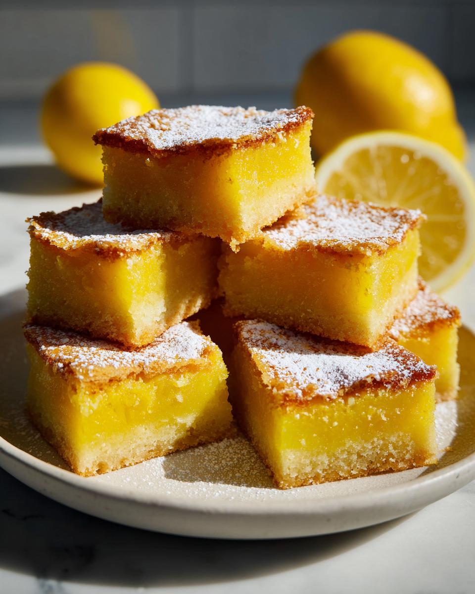 Stack of lemon bars dusted with powdered sugar on a plate with lemons in the background