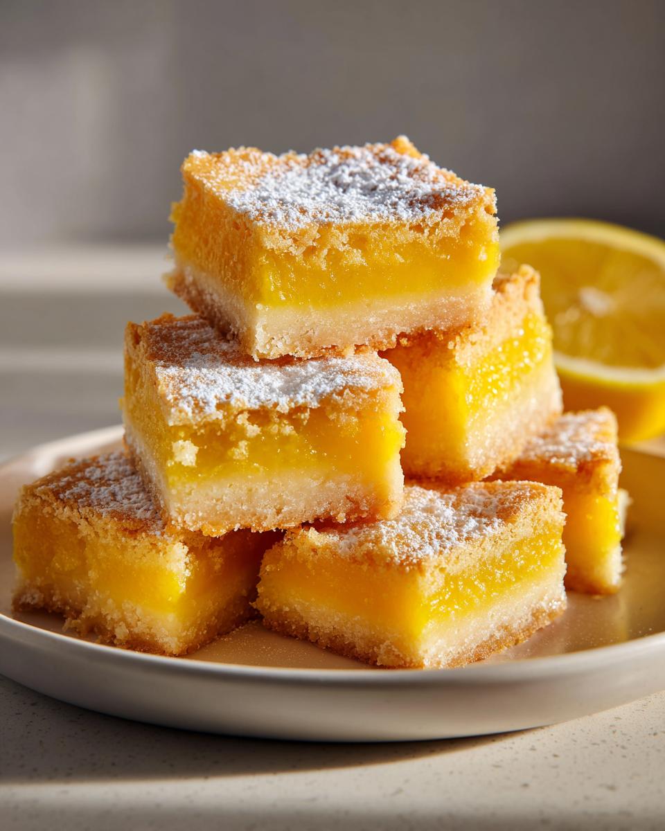 Close-up of lemon bars dusted with powdered sugar stacked on a plate for spring dessert table ideas.