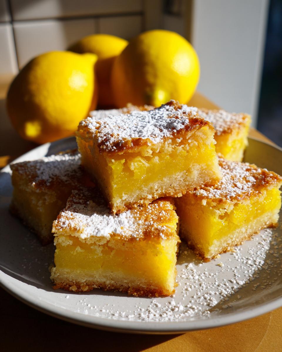 Close-up of lemon bars dusted with powdered sugar on a plate with fresh lemons in background