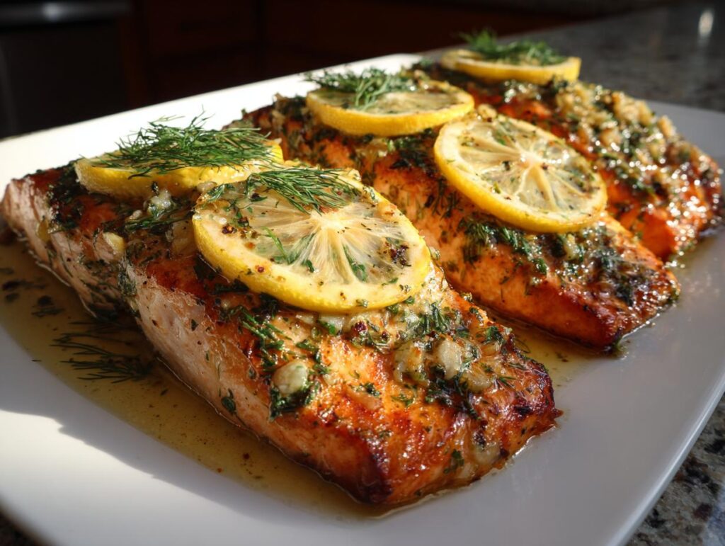 Grilled salmon fillets topped with lemon slices and herbs on a white plate, a healthy fish dinner recipes option.