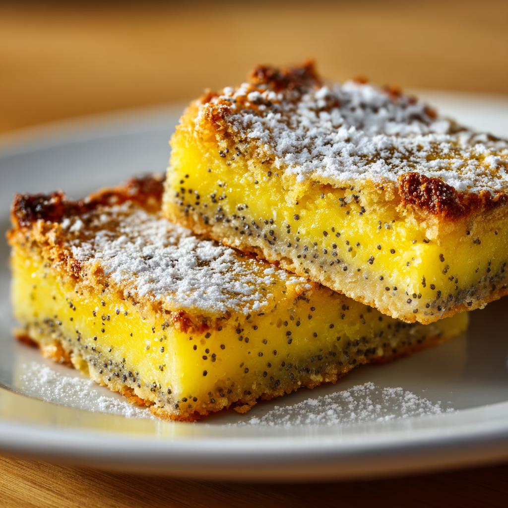 Two lemon poppy seed dessert bars stacked on a white plate, dusted with powdered sugar.
