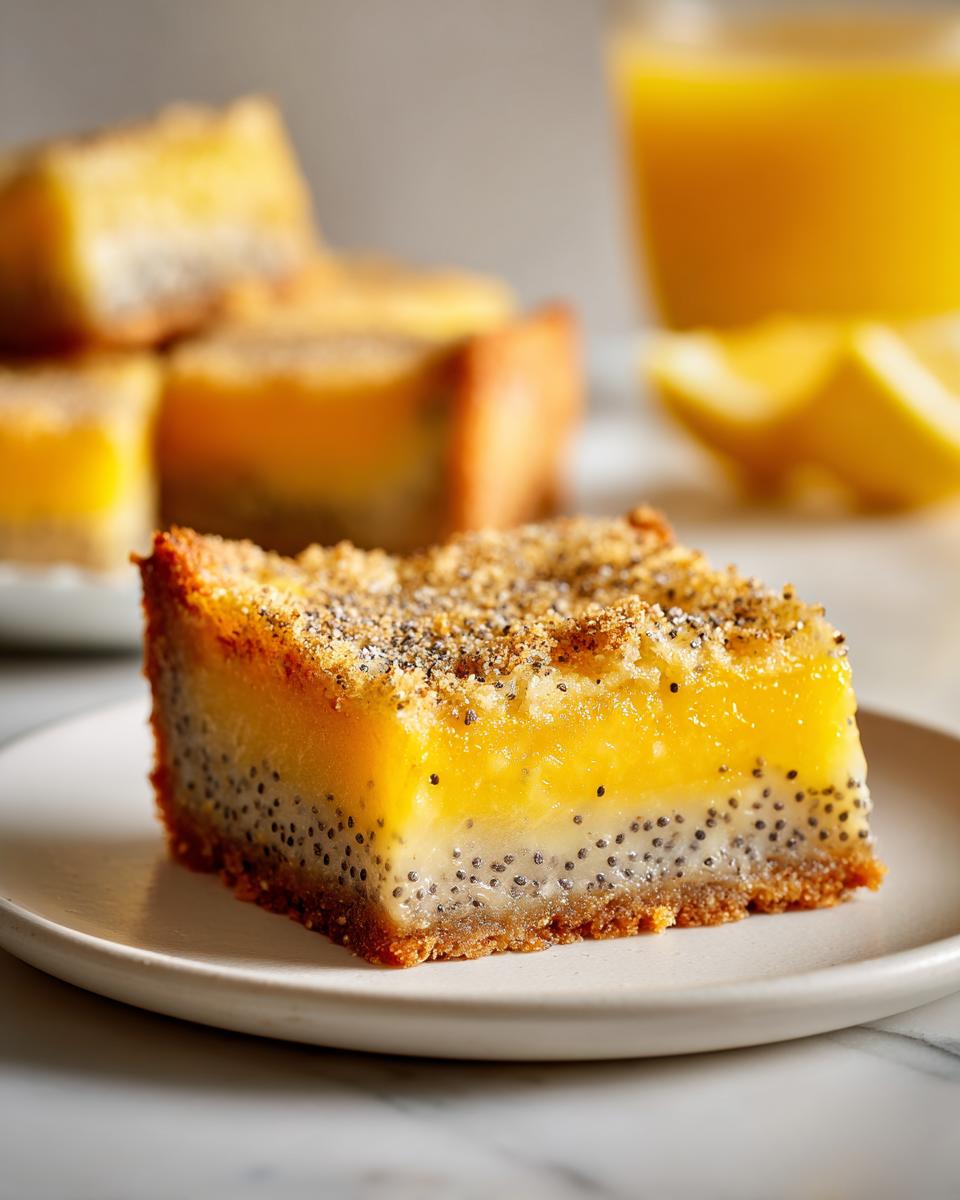 Close-up of a lemon poppy seed dessert bars slice on a white plate with lemon wedges in background