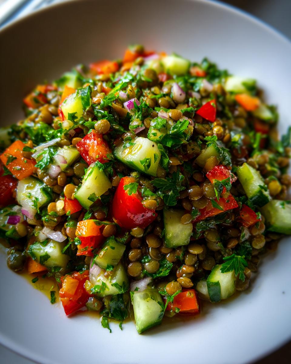 Bowl of vibrant lentil salad with cucumbers, red bell peppers, and parsley for healthy vegetarian lunches