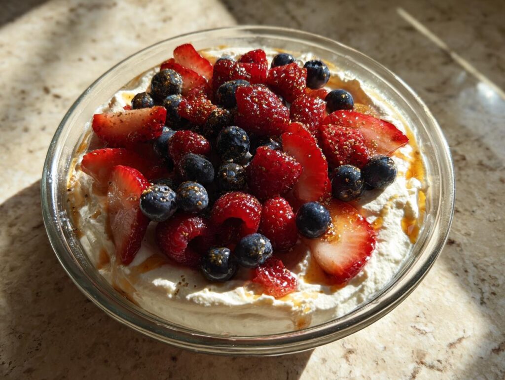 Glass bowl with mascarpone berry dessert recipe topped with strawberries, raspberries, and blueberries