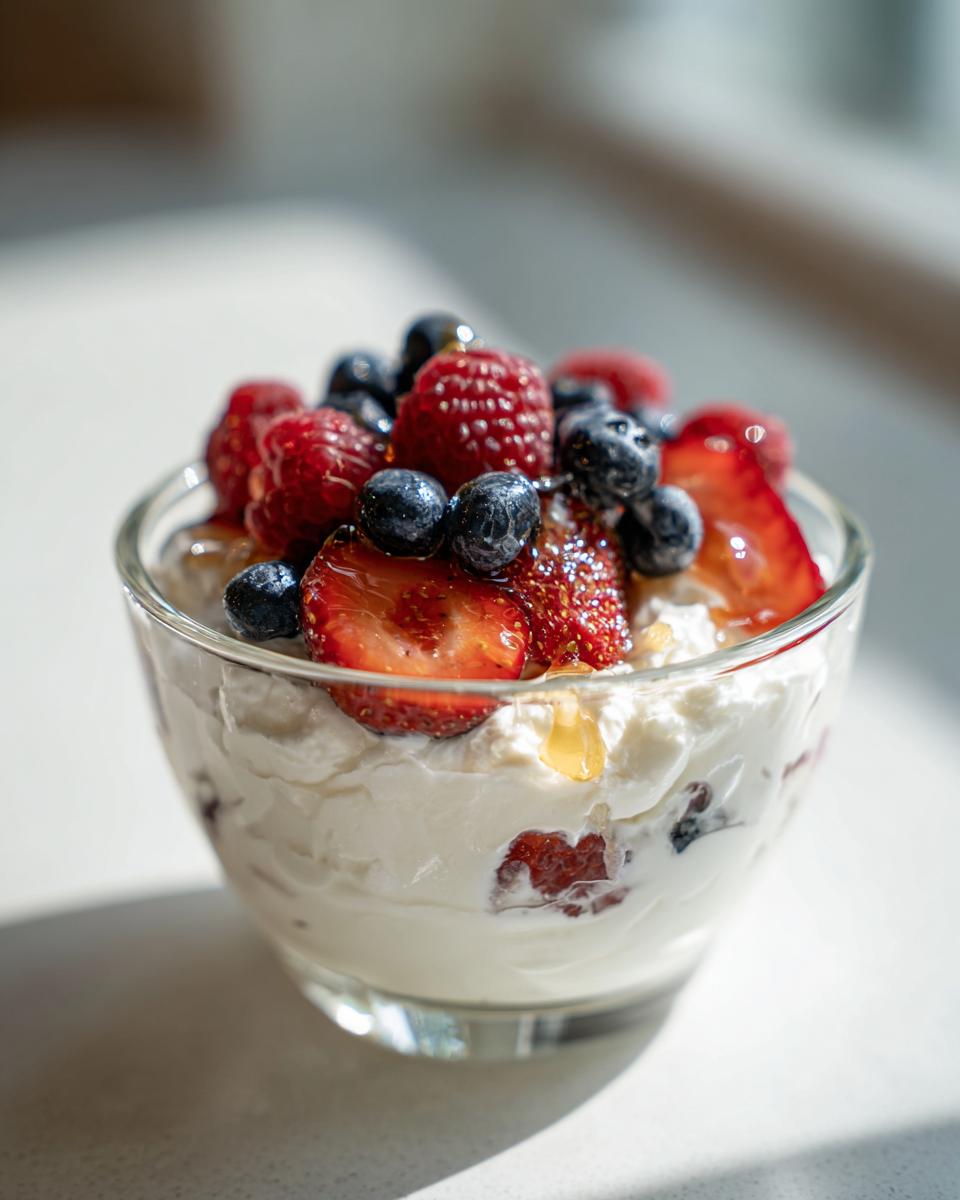 Glass bowl filled with mascarpone berry dessert recipe topped with strawberries, blueberries, and raspberries.