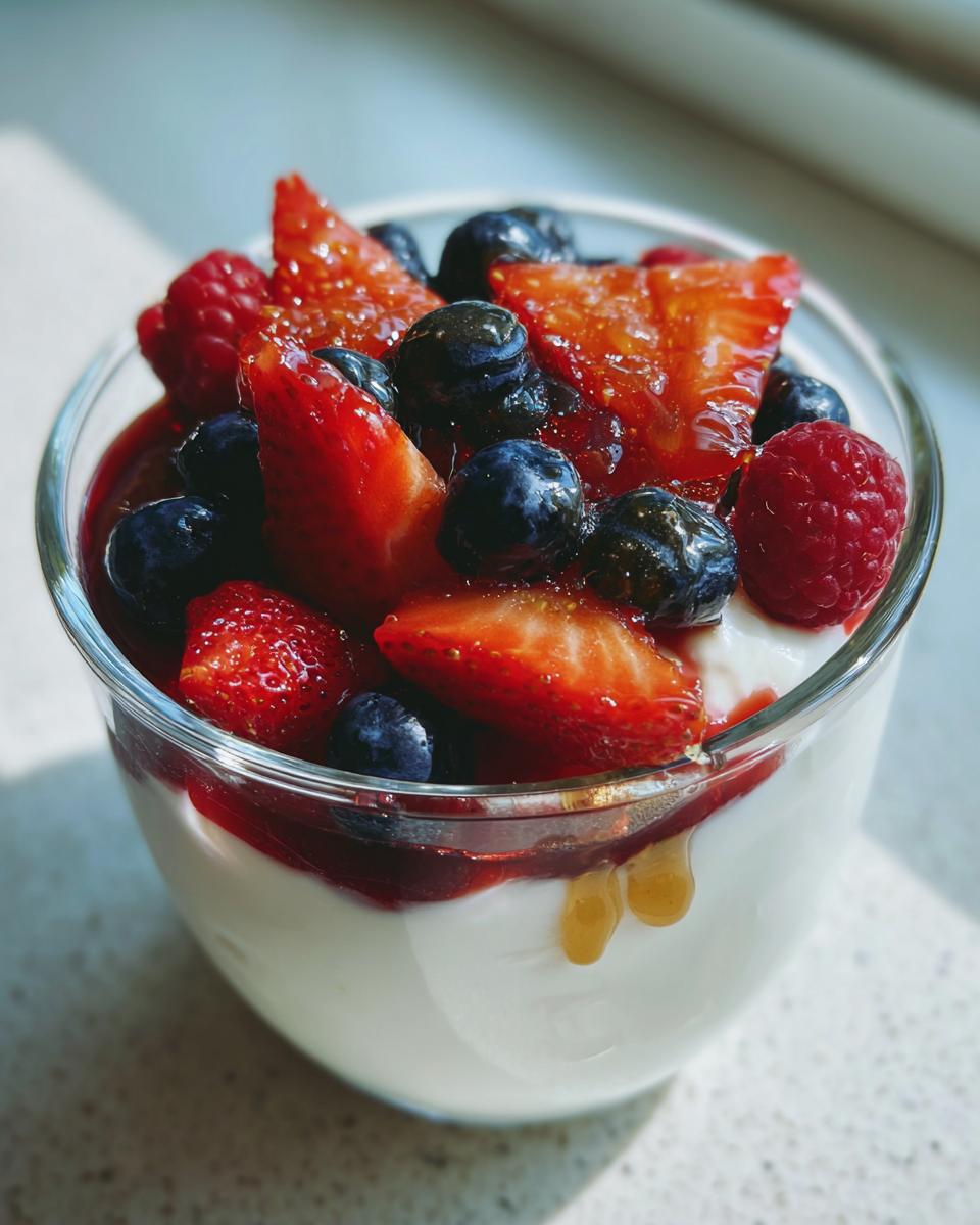 Glass cup filled with mascarpone berry dessert recipe topped with strawberries, blueberries, and raspberries.