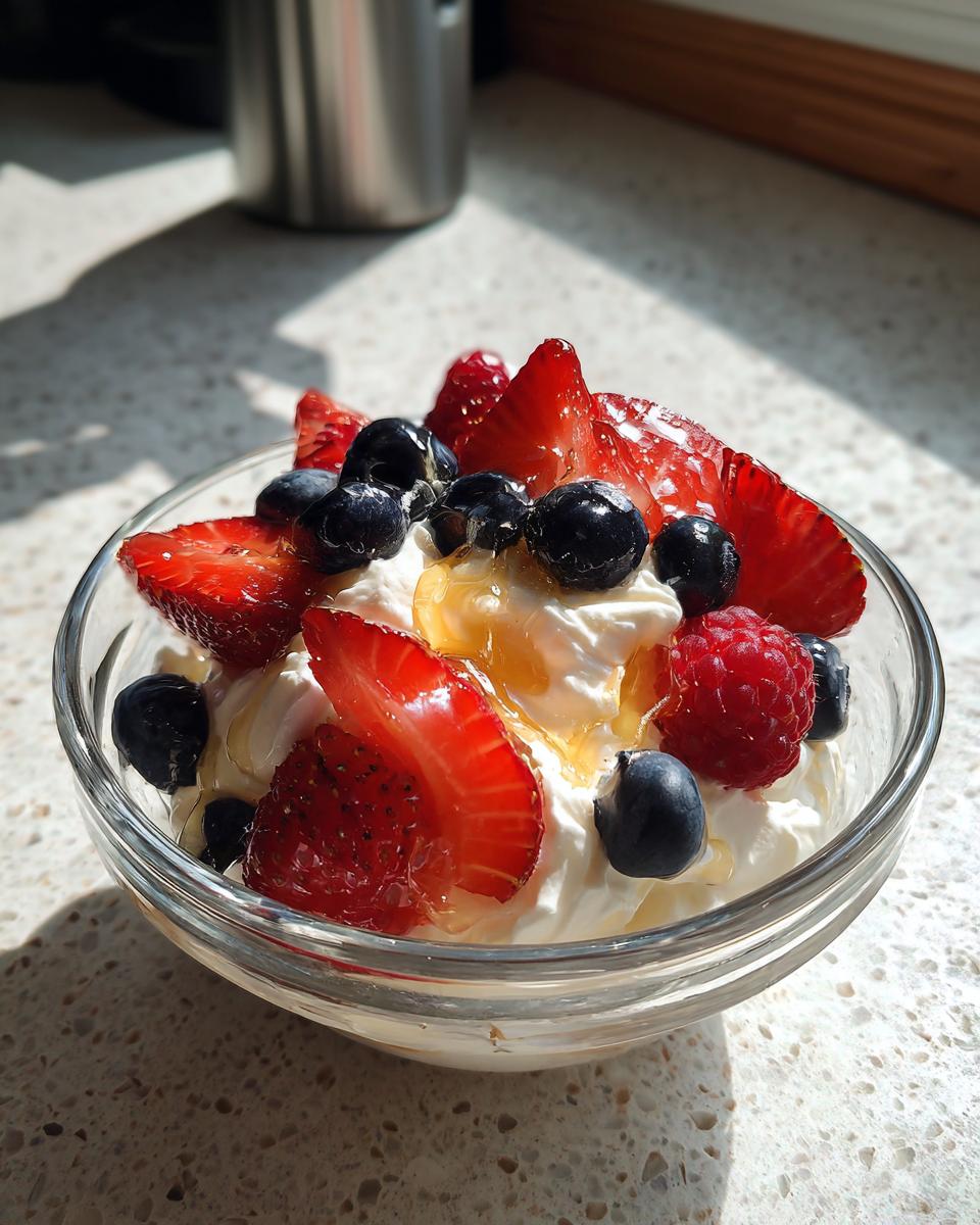 Glass bowl with mascarpone berry dessert recipe topped with strawberries, blueberries, raspberries, and honey.