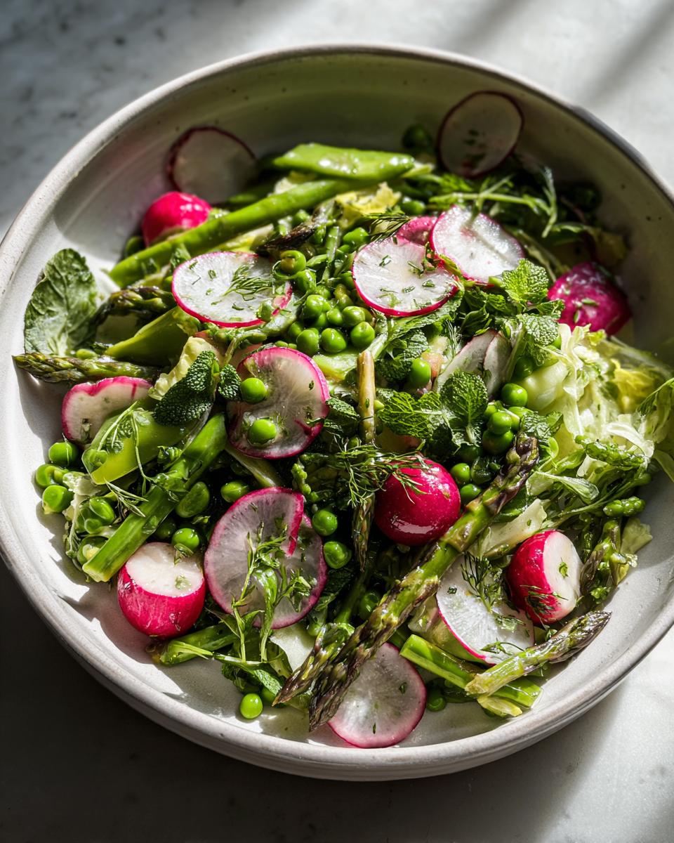 Bowl of vibrant May farmers market salad ideas with asparagus, radishes, peas, and fresh herbs.
