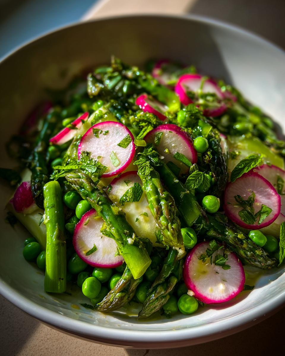 Bowl of May farmers market salad ideas with asparagus, radishes, peas, and fresh herbs.