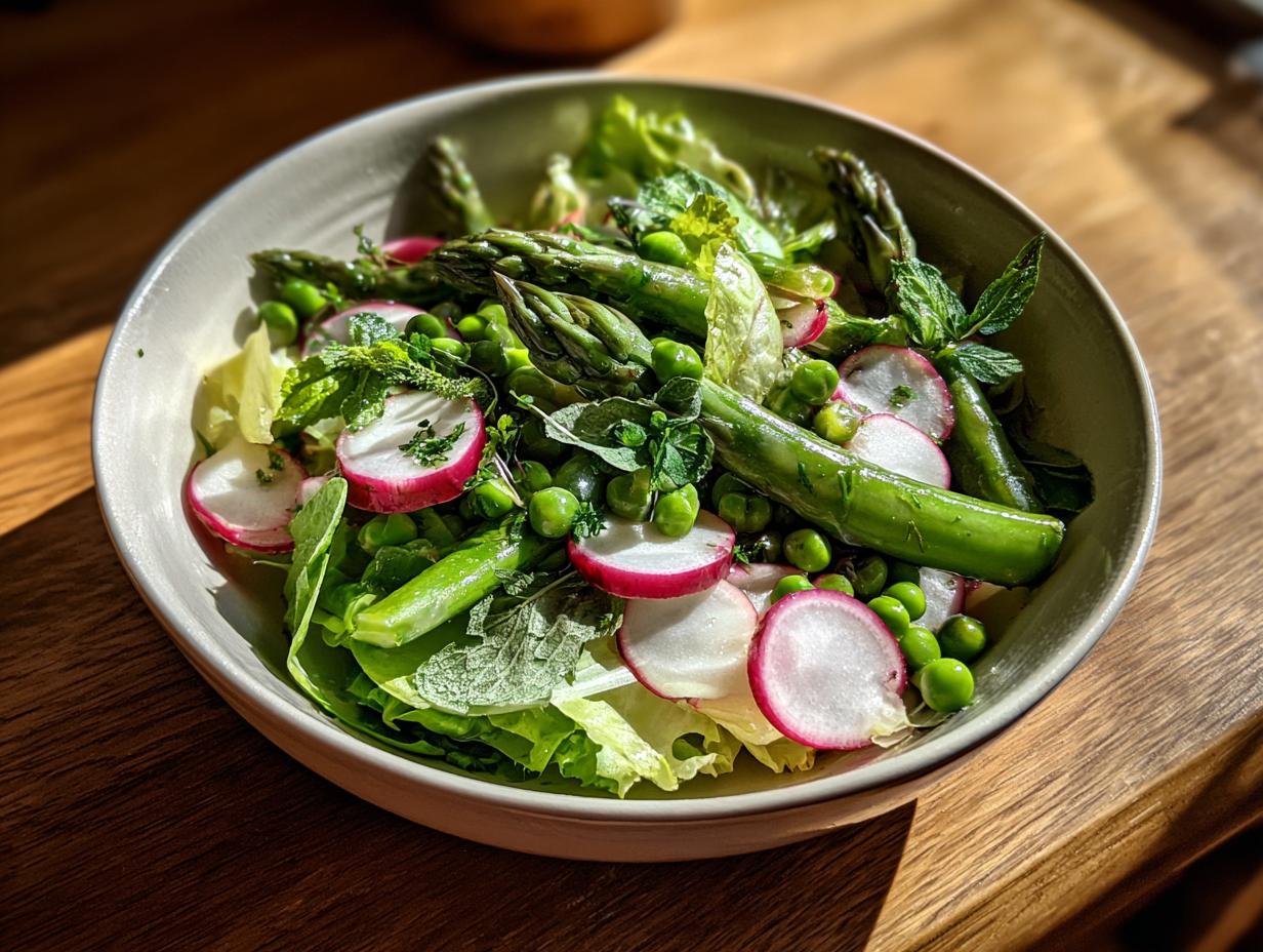 Bowl of May farmers market salad ideas with asparagus, radishes, peas, and leafy greens.