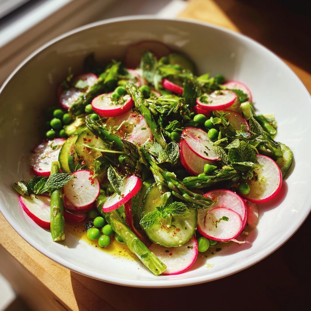 Bowl of May farmers market salad ideas with radishes, asparagus, peas, cucumber, and fresh herbs.