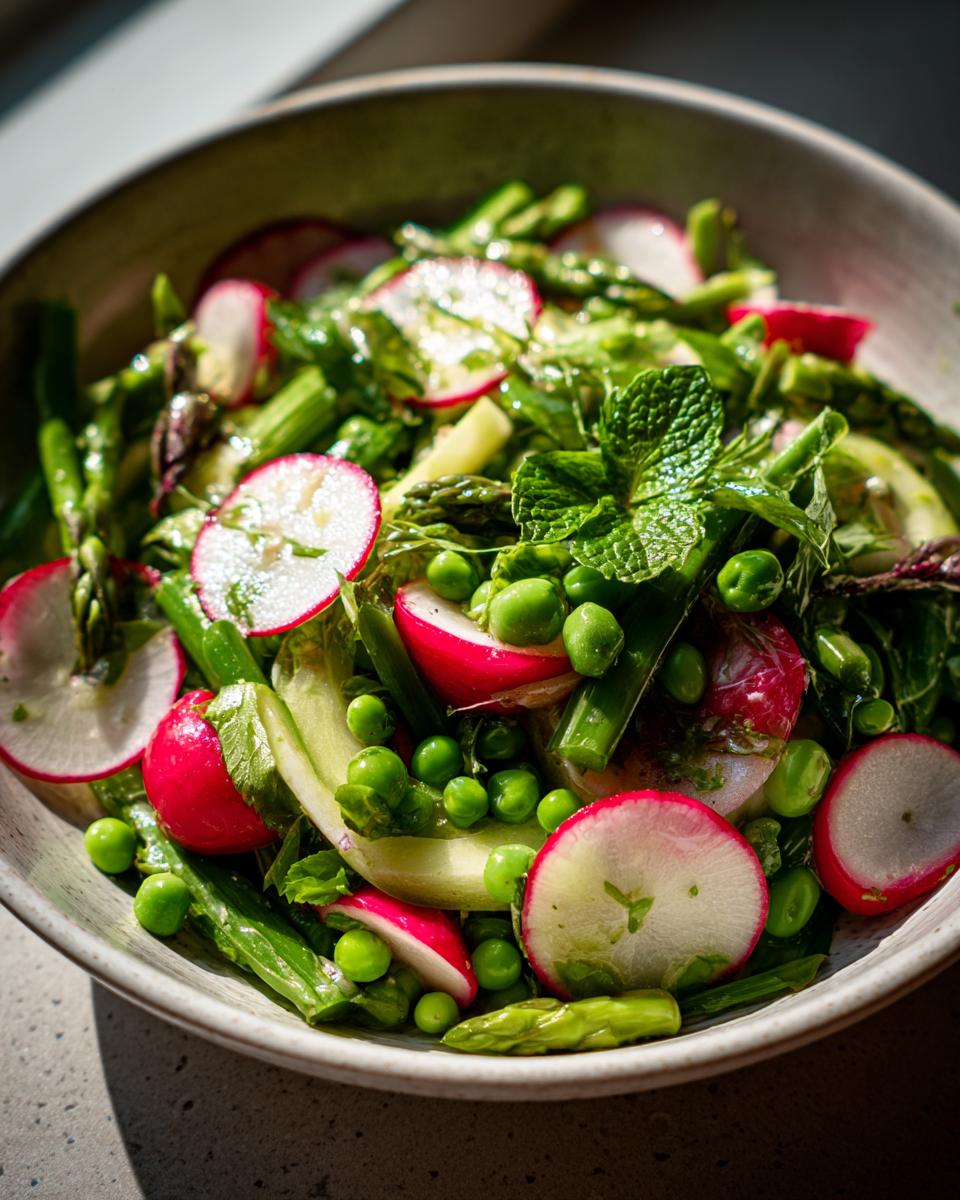 Bowl of May farmers market salad ideas with radishes, peas, asparagus, and fresh herbs.
