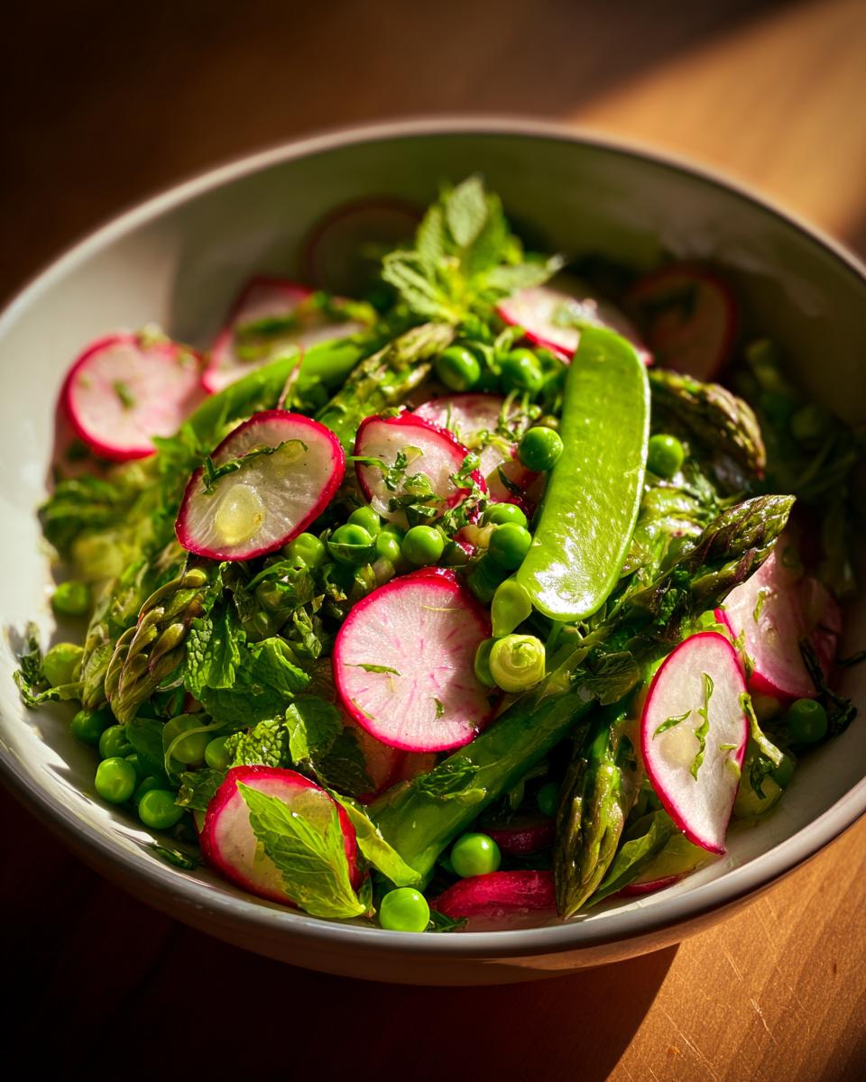 Bowl of May farmers market salad ideas with radishes, peas, asparagus, and fresh herbs.