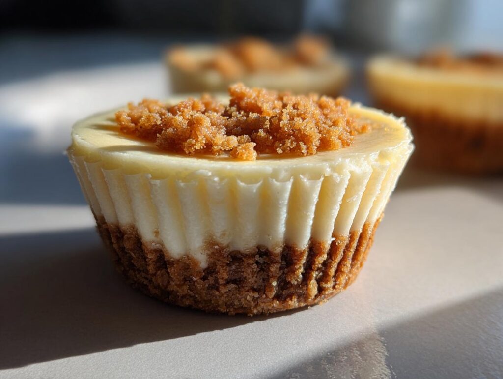 Close-up of a mini cheesecake with crumb topping, perfect for Easter mini dessert recipes