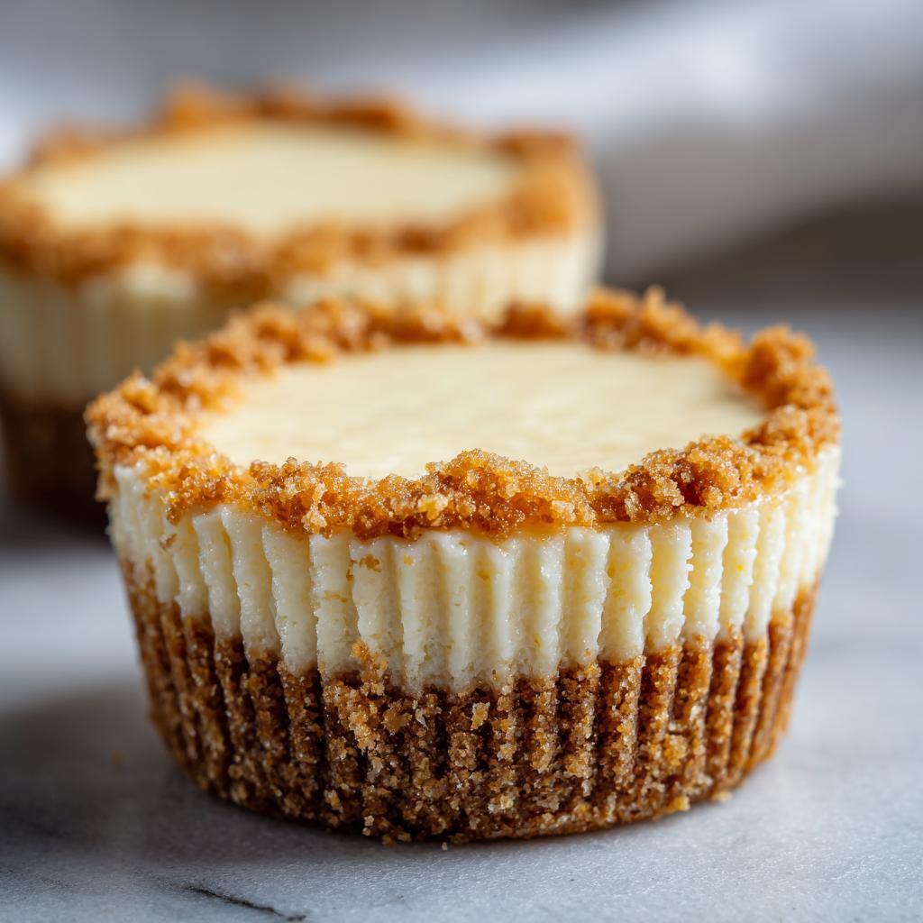 Close-up of a mini cheesecake with a crumbly graham cracker crust for Easter mini dessert recipes