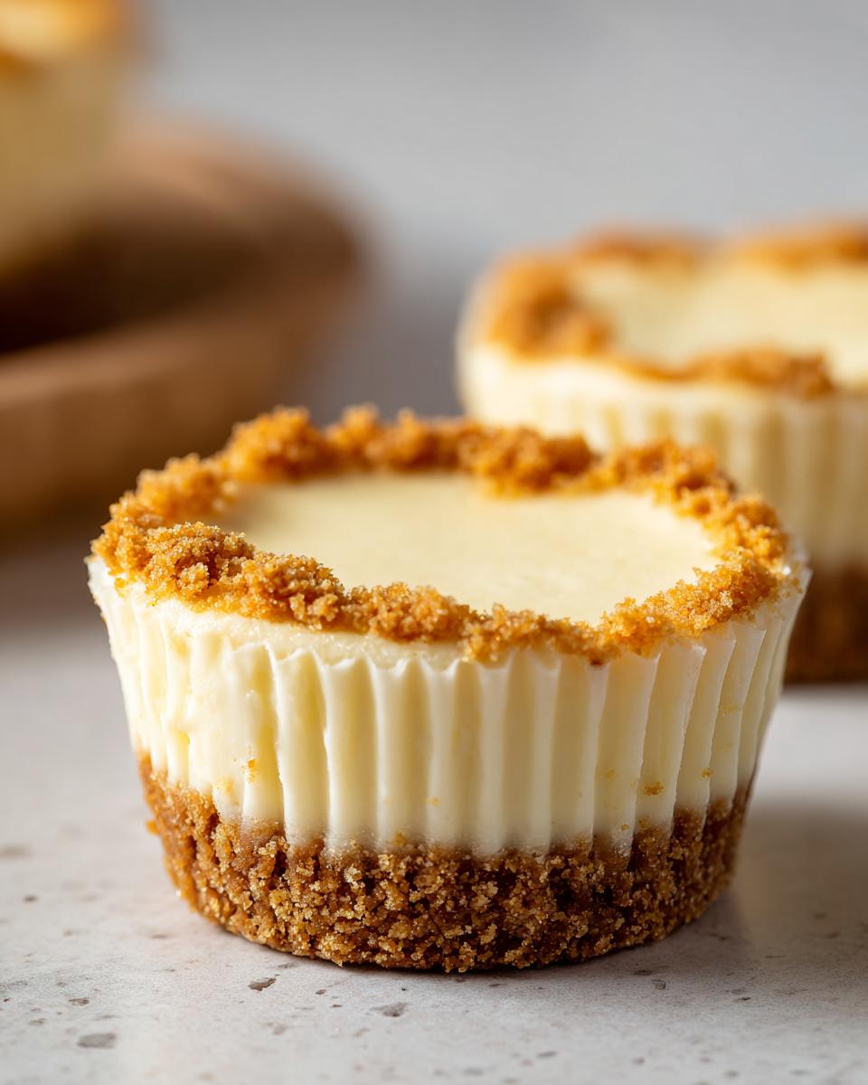 Close-up of a mini cheesecake with a graham cracker crust, perfect for Easter mini dessert recipes.