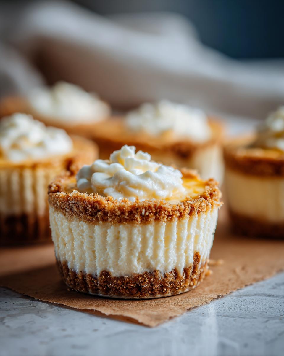 Close-up of a mini cheesecake with a graham cracker crust and whipped cream topping