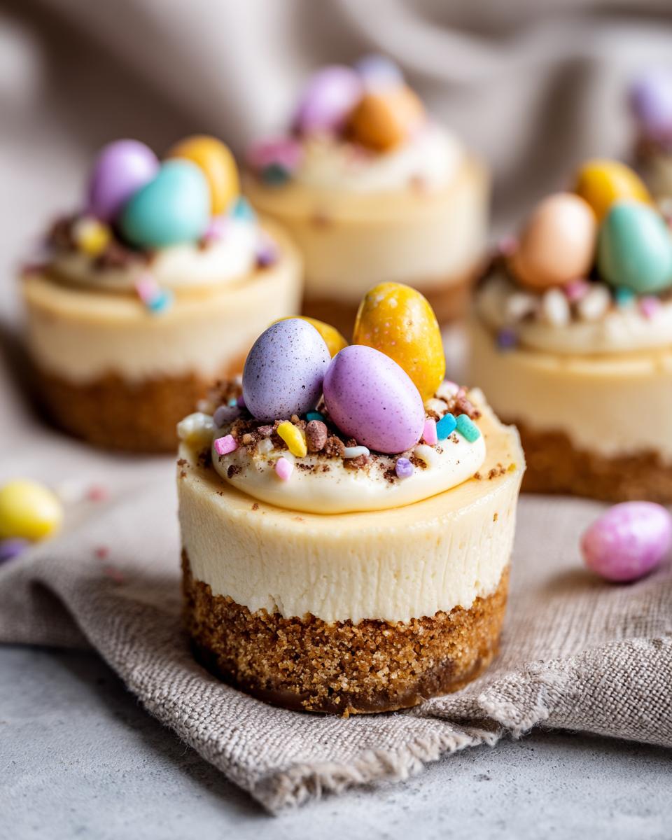Mini cheesecakes topped with colorful candy eggs and sprinkles in Easter dessert cups style.