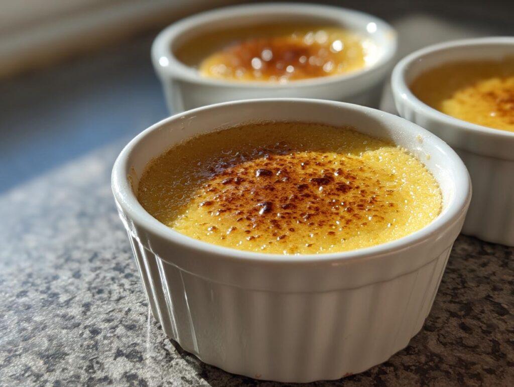 Close-up of golden mini custard dessert cups in white ramekins with caramelized tops.