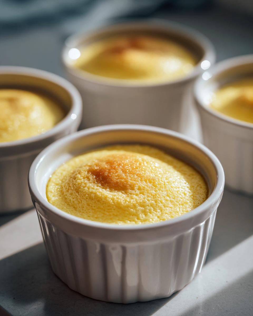 Four golden mini custard dessert cups in white ramekins with a slightly browned top.
