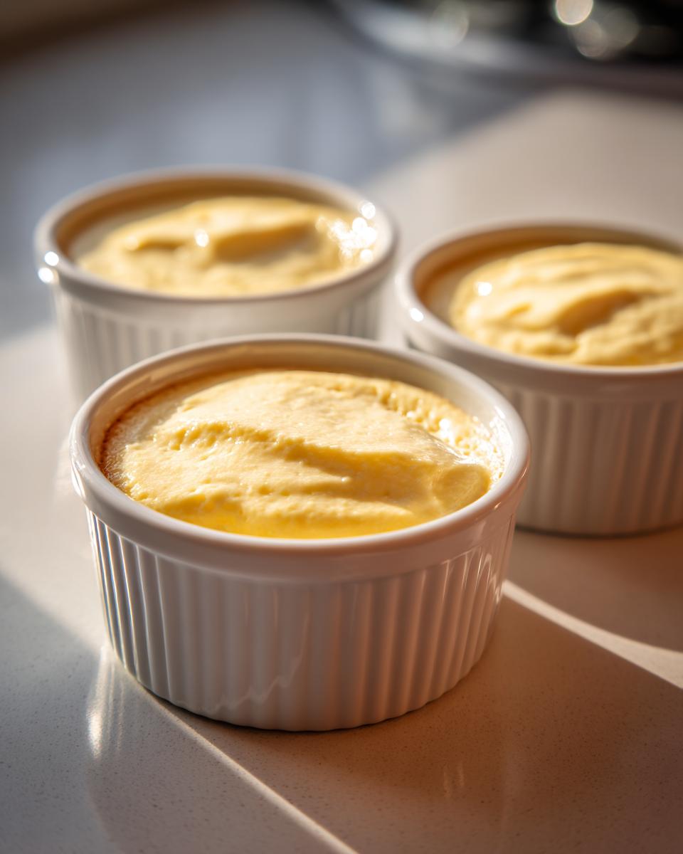 Three white ramekins filled with freshly baked mini custard dessert cups on a kitchen counter.