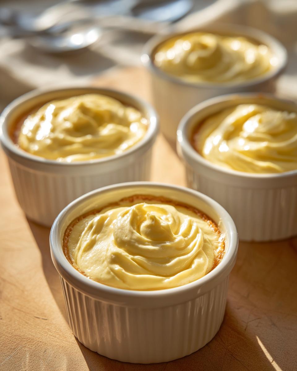 Four mini custard dessert cups in white ramekins with creamy yellow custard swirled on top.