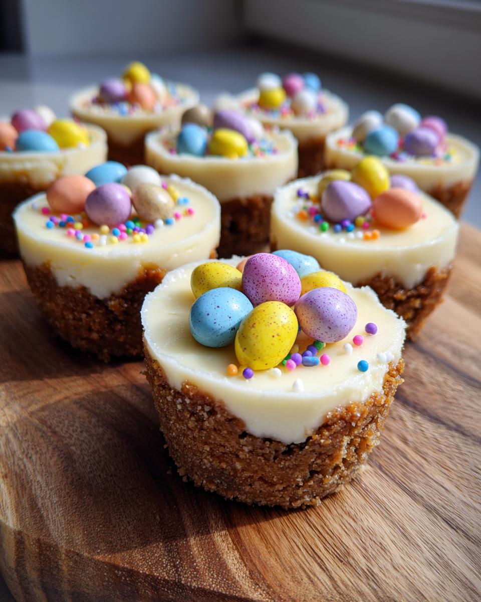 Close-up of mini Easter dessert cups topped with colorful candy eggs and sprinkles.