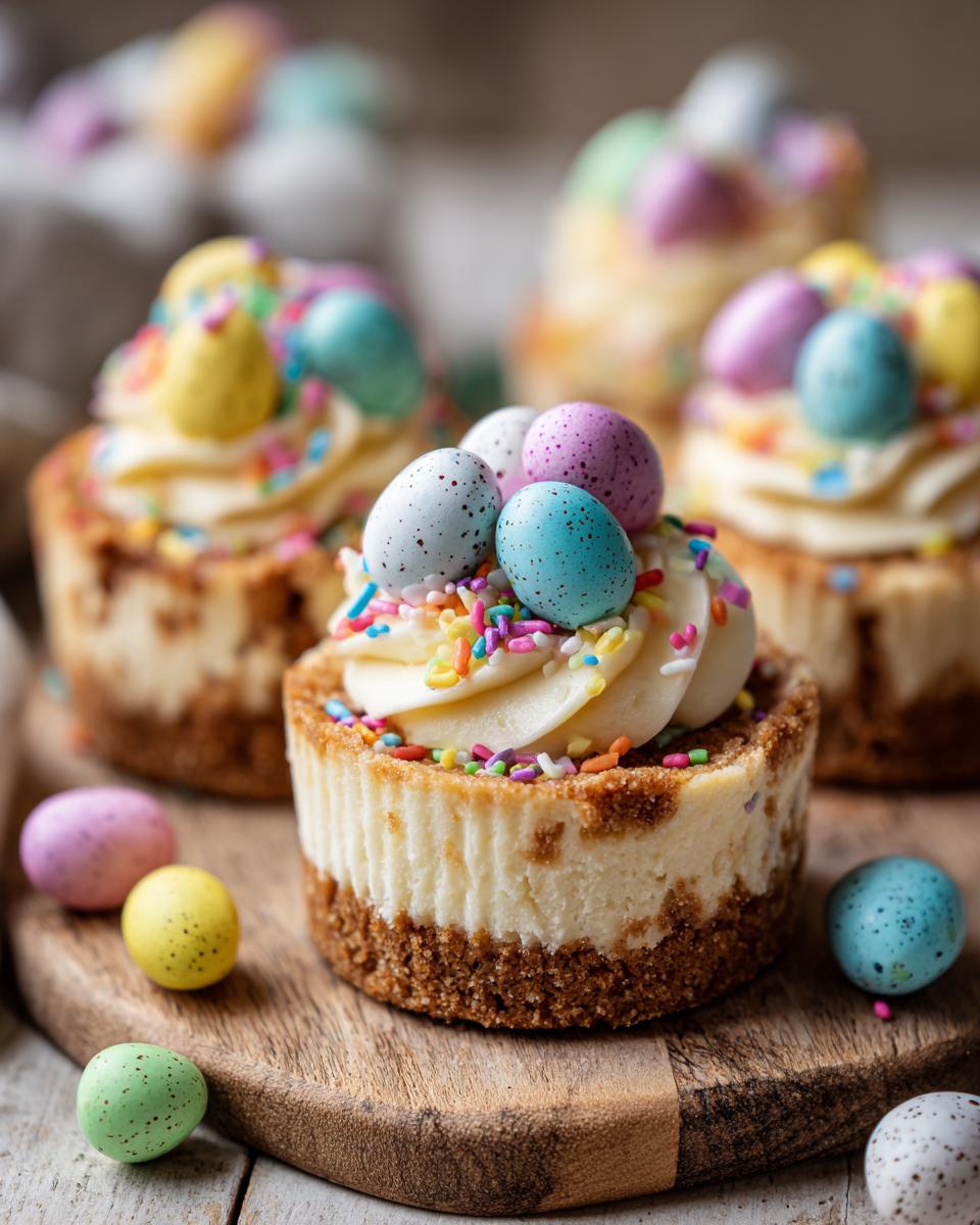Close-up of mini Easter dessert cups topped with cream, colorful sprinkles, and candy eggs