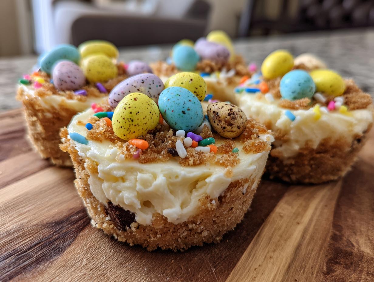 Close-up of Easter dessert cups topped with colorful candy eggs and sprinkles on a wooden board.