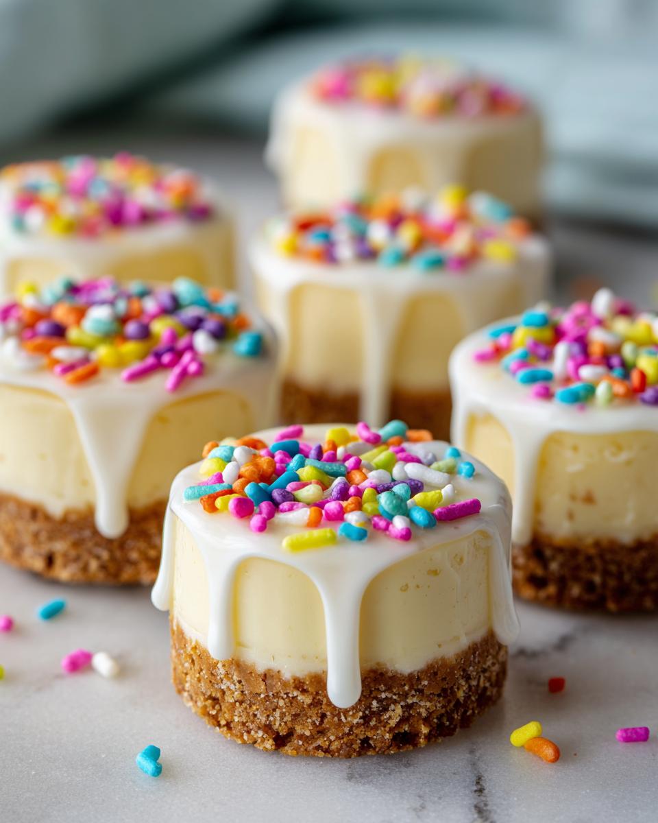 Mini no bake sweet treats with white icing and colorful sprinkles on crumbly base