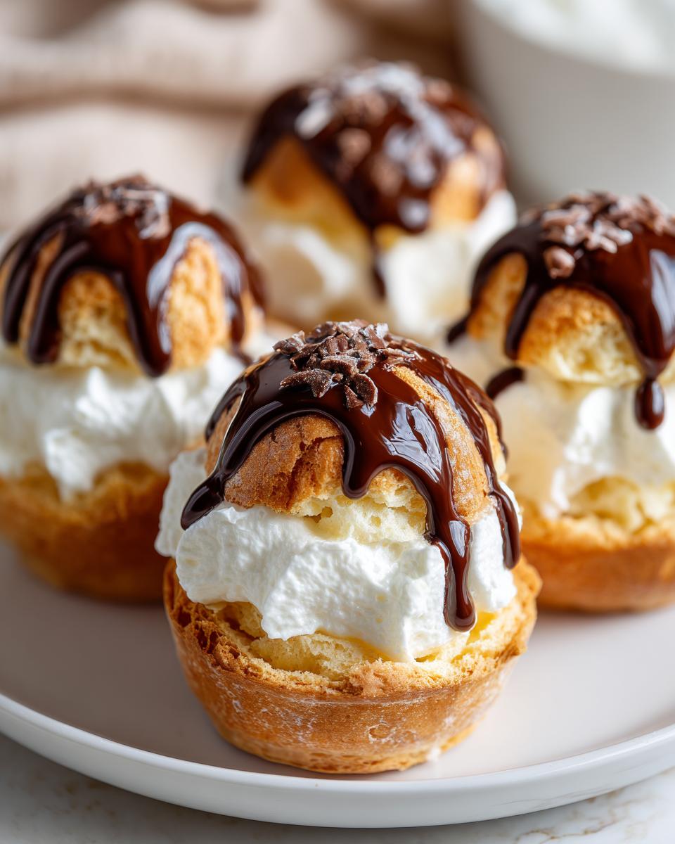Close-up of mini eclair dessert cups filled with whipped cream and topped with chocolate drizzle.