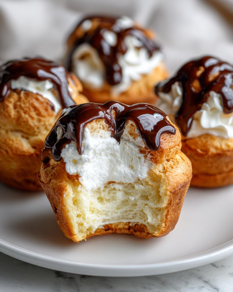 Close-up of mini eclair dessert cups filled with cream and topped with chocolate drizzle