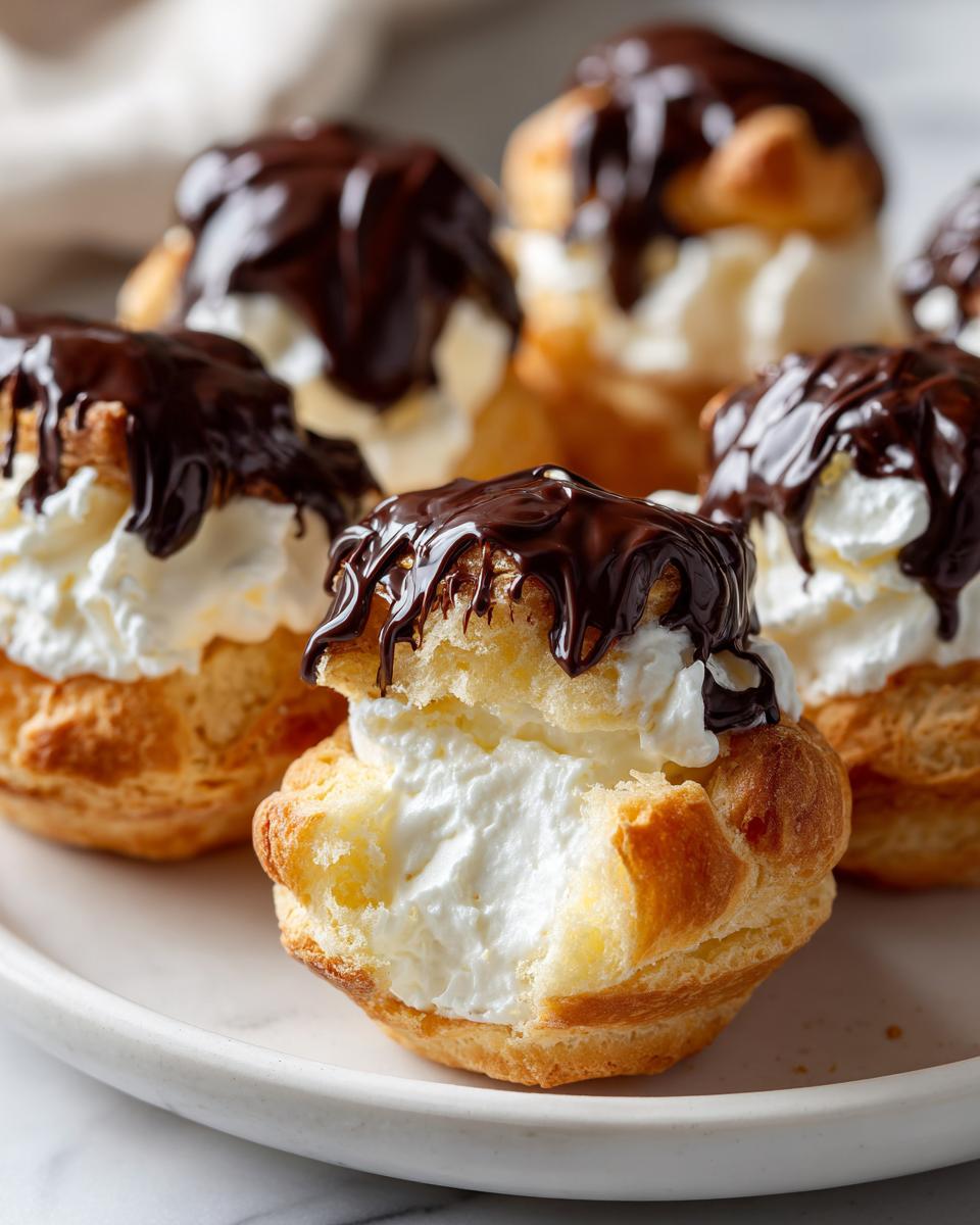 Close-up of mini eclair dessert cups filled with cream and topped with chocolate drizzle.