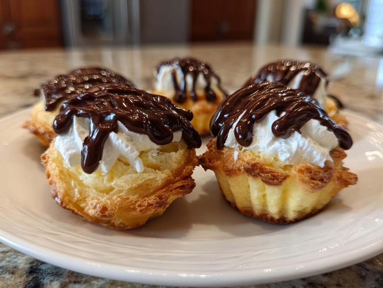 Close-up of mini eclair dessert cups topped with whipped cream and chocolate drizzle on a white plate.