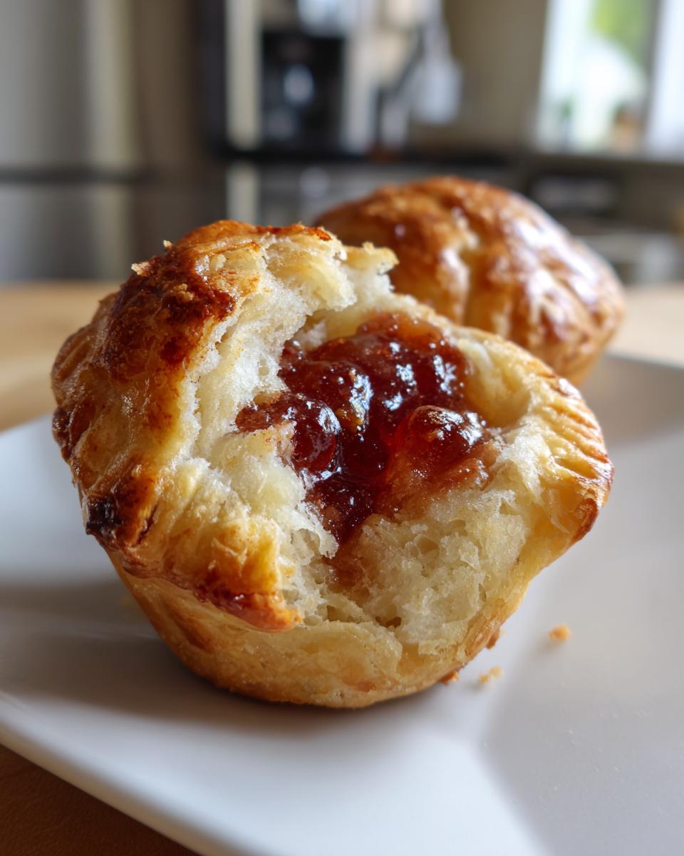 Mini hand pies with golden crust and jam filling on a white plate