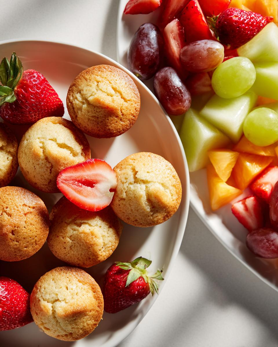 Plate of mini muffins with strawberries alongside a plate of assorted fresh fruit.