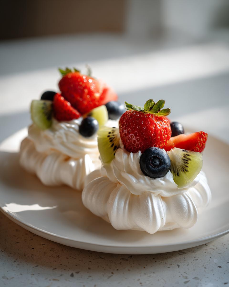 Two mini pavlova dessert nests topped with strawberries, blueberries, and kiwi on a white plate.