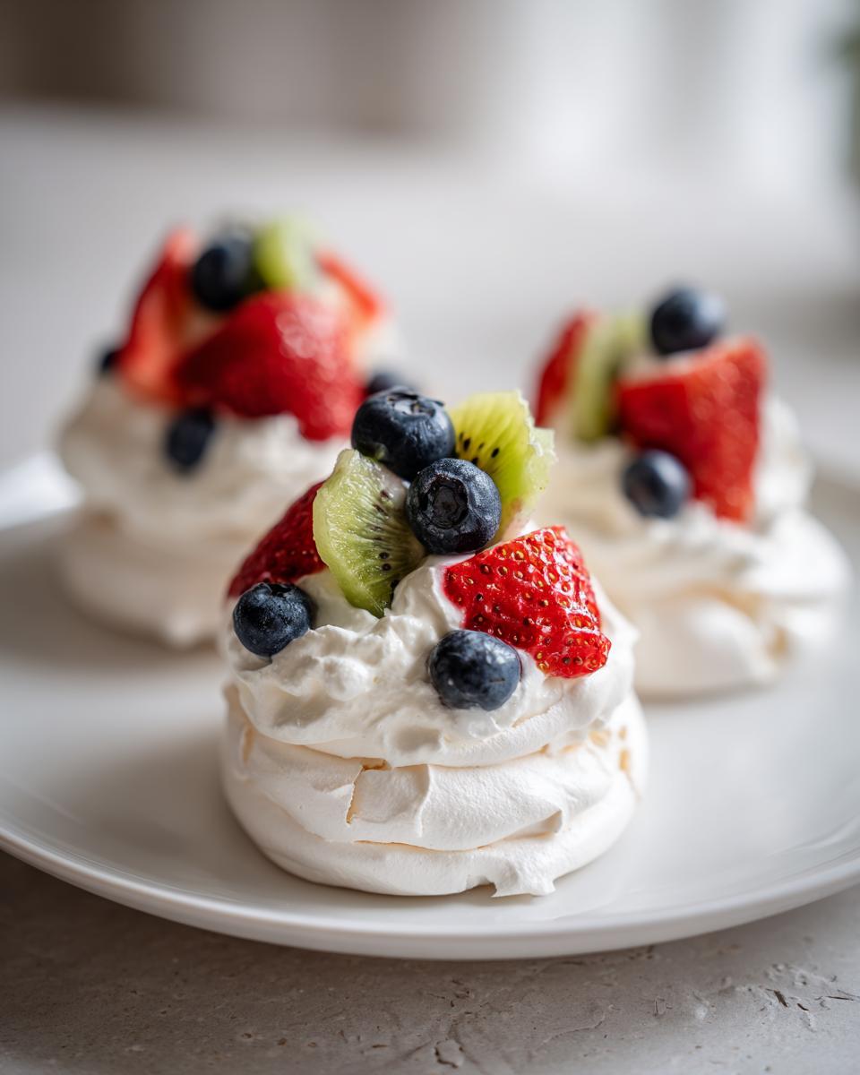 Three mini pavlova dessert nests topped with whipped cream, strawberries, blueberries, and kiwi slices.