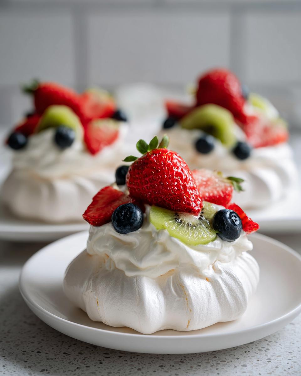Mini pavlova dessert nests topped with whipped cream, strawberries, kiwi slices, and blueberries on white plates.